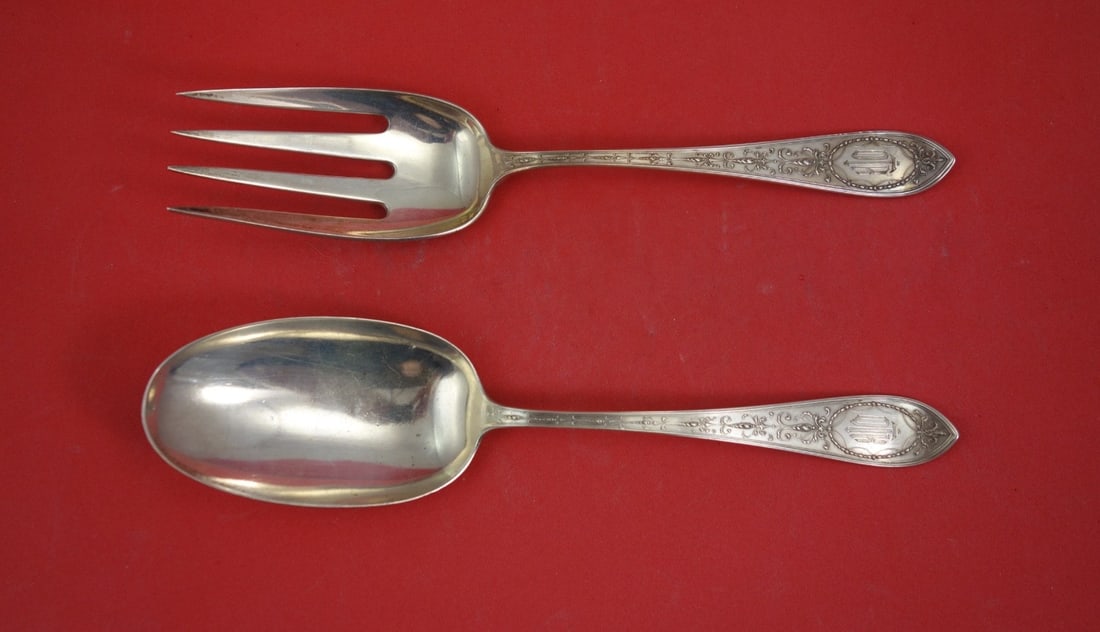 Whiting Adam Sterling Silver 2 Piece Salad Serving Set 9": Whiting Adam Sterling Silver 2 Piece Salad Serving Set 9" This is a sterling silver salad serving set in the Adam pattern by Whiting, featuring flat handles and measuring 9 inches in length. The set i