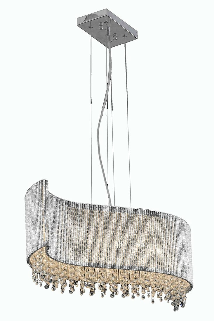 INFLUX 5-Light Chrome Crystal Pendant 32 Inch: INFLUX 5-Light Chrome Crystal Pendant 32 Inch This modern crystal chandelier features a polished chrome finish and a rectangular design, making it an elegant centerpiece for dining rooms, kitchen isla