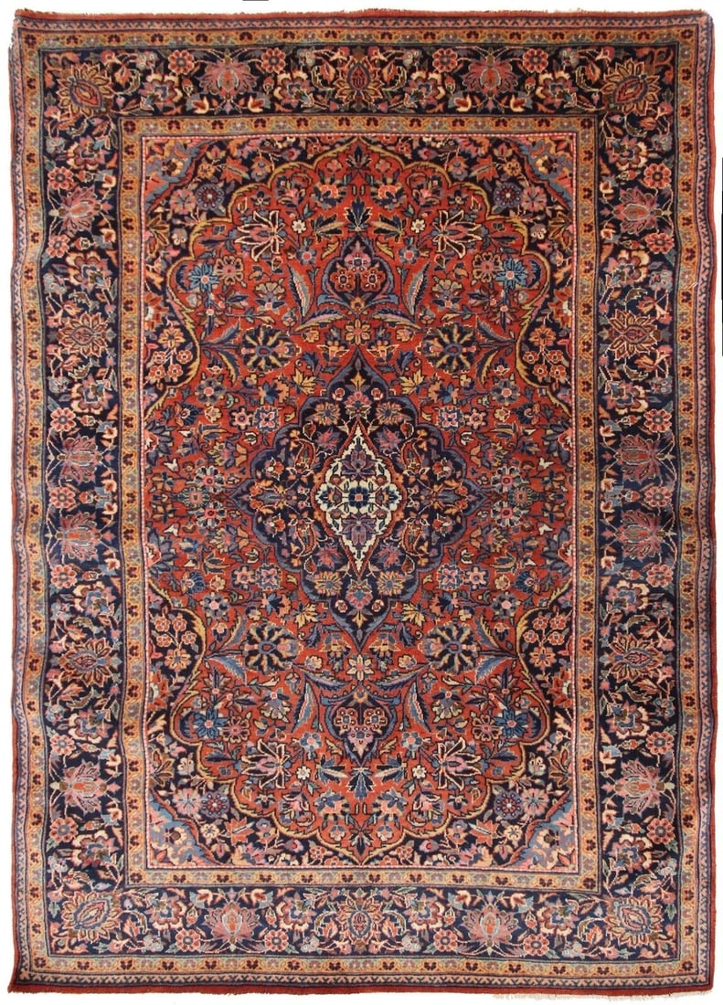 Antique Persian Dabir Kashan Wool Rug 4x5 Floral Medallion: Antique Persian Dabir Kashan Wool Rug 4x5 Floral Medallion This is a rare, antique Persian Dabir Kashan rug, hand-knotted and crafted from 100% wool with a cotton foundation. The rug features a classi