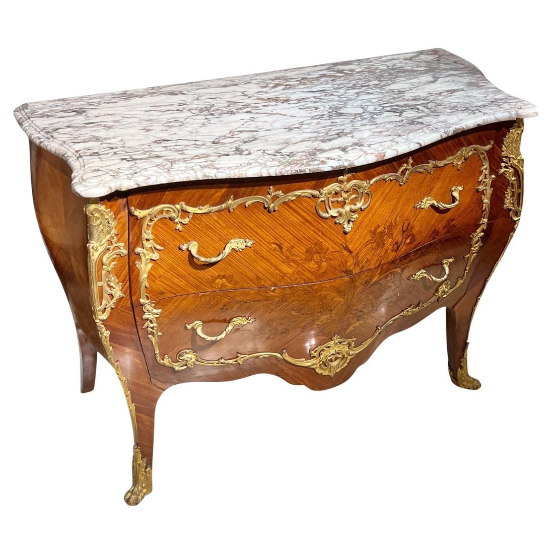 French Louis XV Style Marble Top Commode With Floral Marquetry Inlay Circa 1890 (1 of 15)