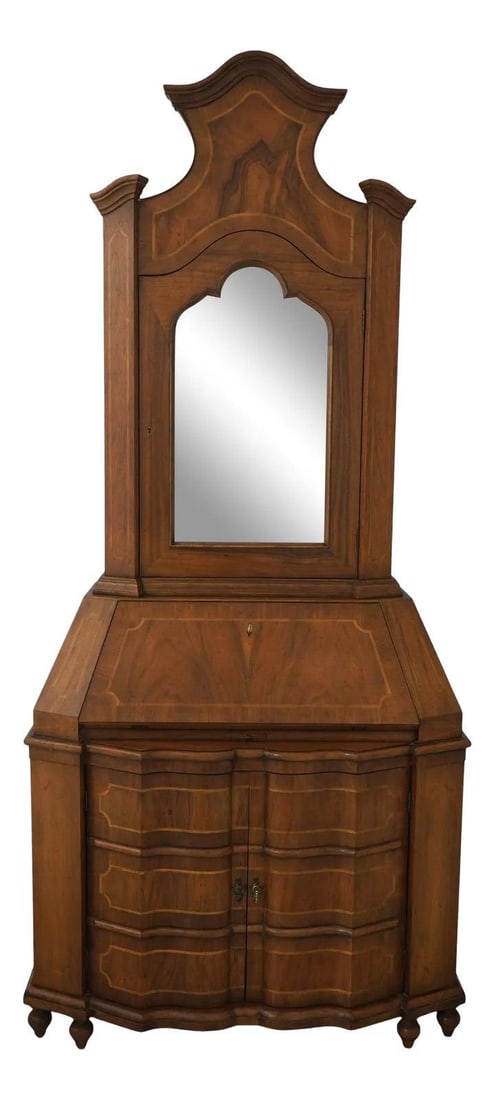 Baker Italian Walnut Secretary Desk with Mirror Door Design: Baker Italian Walnut Secretary Desk with Mirror Door Design This stunning Baker Italian Continental Style Walnut Secretary Desk showcases exceptional craftsmanship and timeless elegance. With a rich w