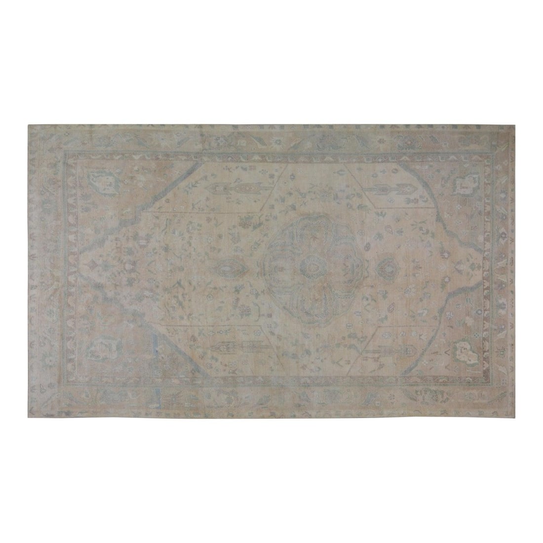 Hand-Knotted Wool Oushak Rug in Greige 7'5" x 12'6" Turkish Vintage: Hand-Knotted Wool Oushak Rug in Greige 7'5" x 12'6" Turkish Vintage This vintage Turkish Oushak rug is hand-knotted from wool using traditional techniques, combining timeless craftsmanship with a vers
