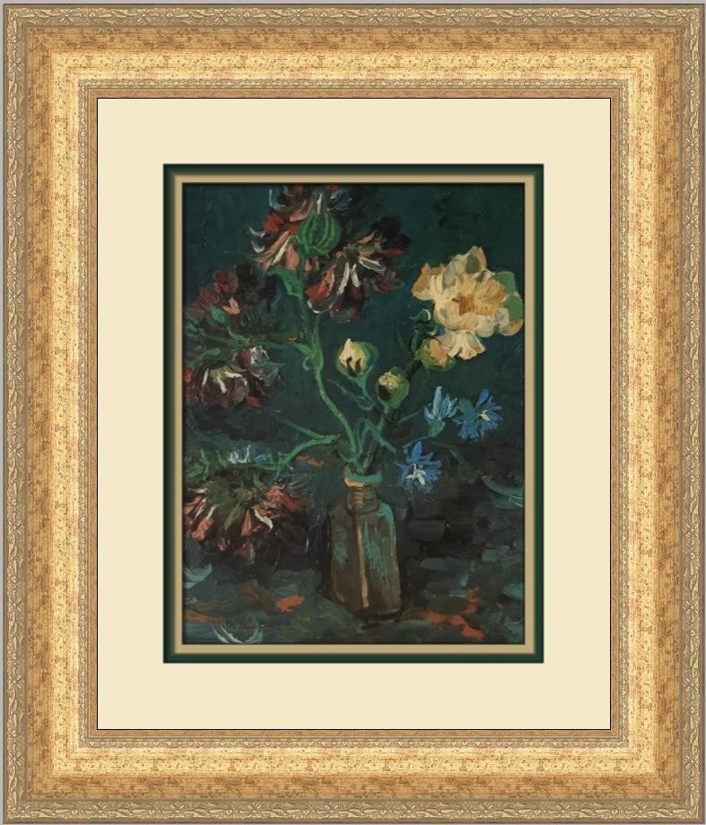 Custom Framed Vincent van Gogh Offset Lithograph Still Life with Myosotis and Peonies: Custom Framed Vincent van Gogh Offset Lithograph Still Life with Myosotis and Peonies Custom framed open edition print of Vincent van Gogh's Still Life with Myosotis and Peonies. The piece is matted a