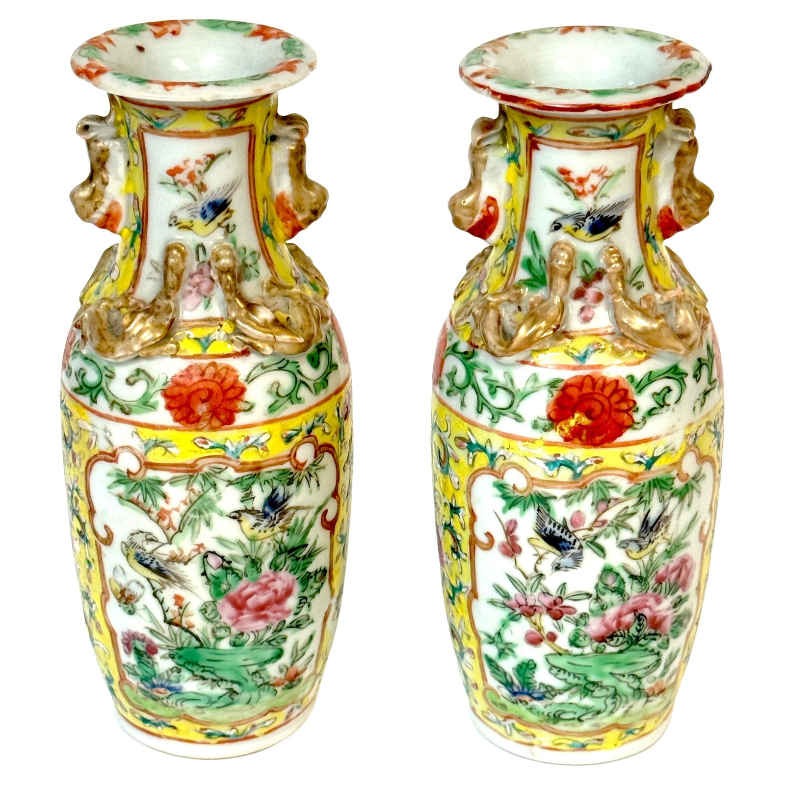 Set of 2 19th Century Chinese Famille Rose Vases with Gilt Foo Lion Handles: Set of 2 19th Century Chinese Famille Rose Vases with Gilt Foo Lion Handles This exquisite pair of late 19th-century Chinese Export Famille Rose vases are a stunning representation of Qing Dynasty cra