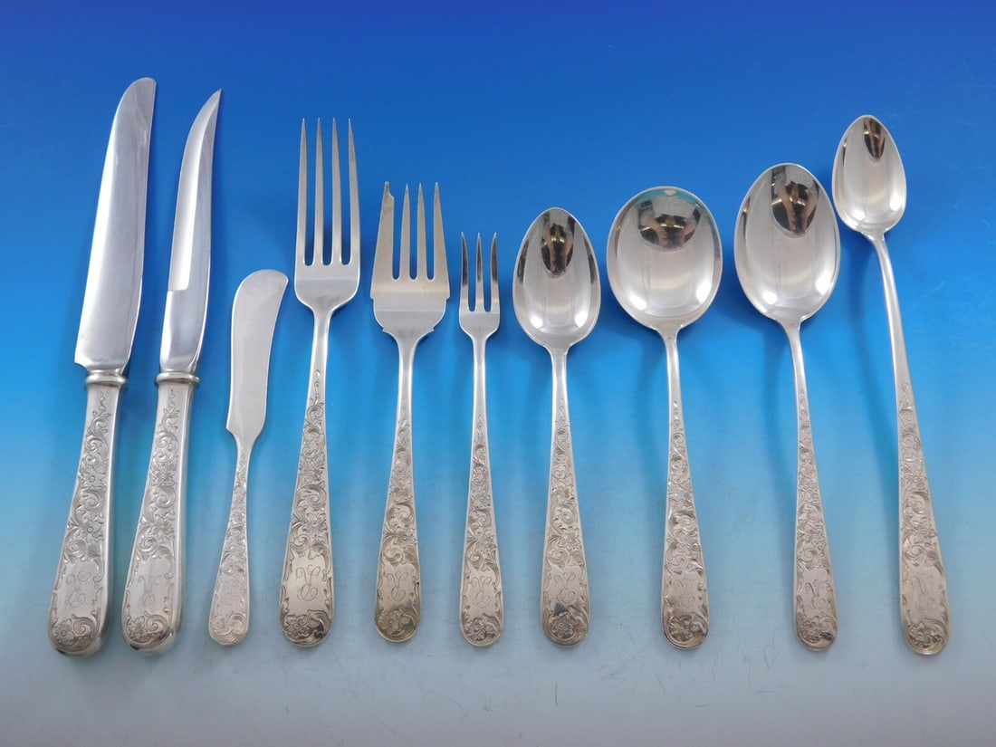 Kirk Old Maryland Engraved Sterling Silver 142 Piece Flatware Set: Kirk Old Maryland Engraved Sterling Silver 142 Piece Flatware Set This is a 142-piece Old Maryland Engraved flatware set by Kirk, crafted from sterling silver. The set features an elegant design with 