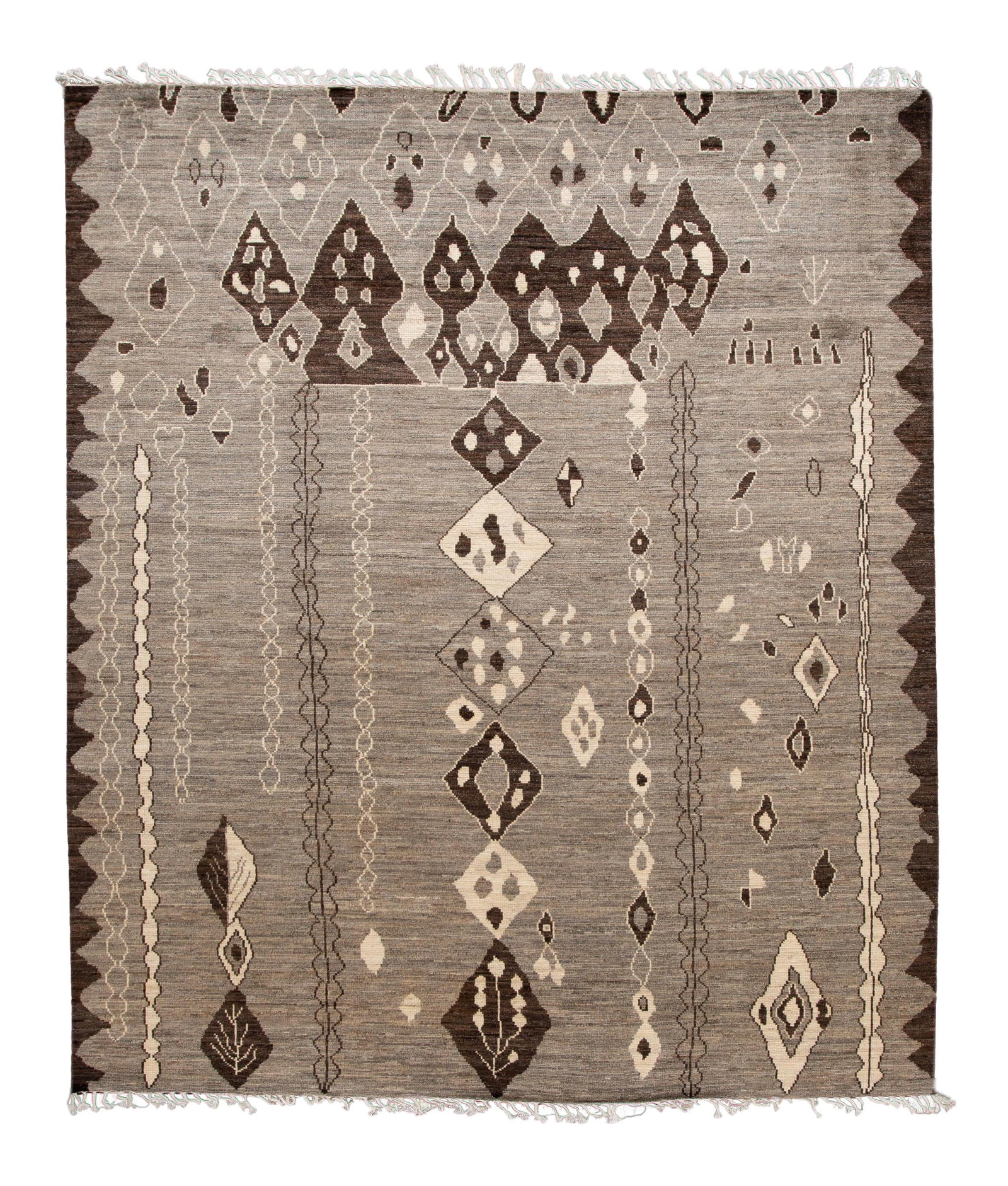 Authentic Hand-Knotted Moroccan Wool Rug 12'1" x 14'2" Geometric Design: Authentic Hand-Knotted Moroccan Wool Rug 12'1" x 14'2" Geometric Design This stunning Moroccan-style hand-knotted wool rug showcases a beautiful beige field adorned with accents of gray and brown, fea