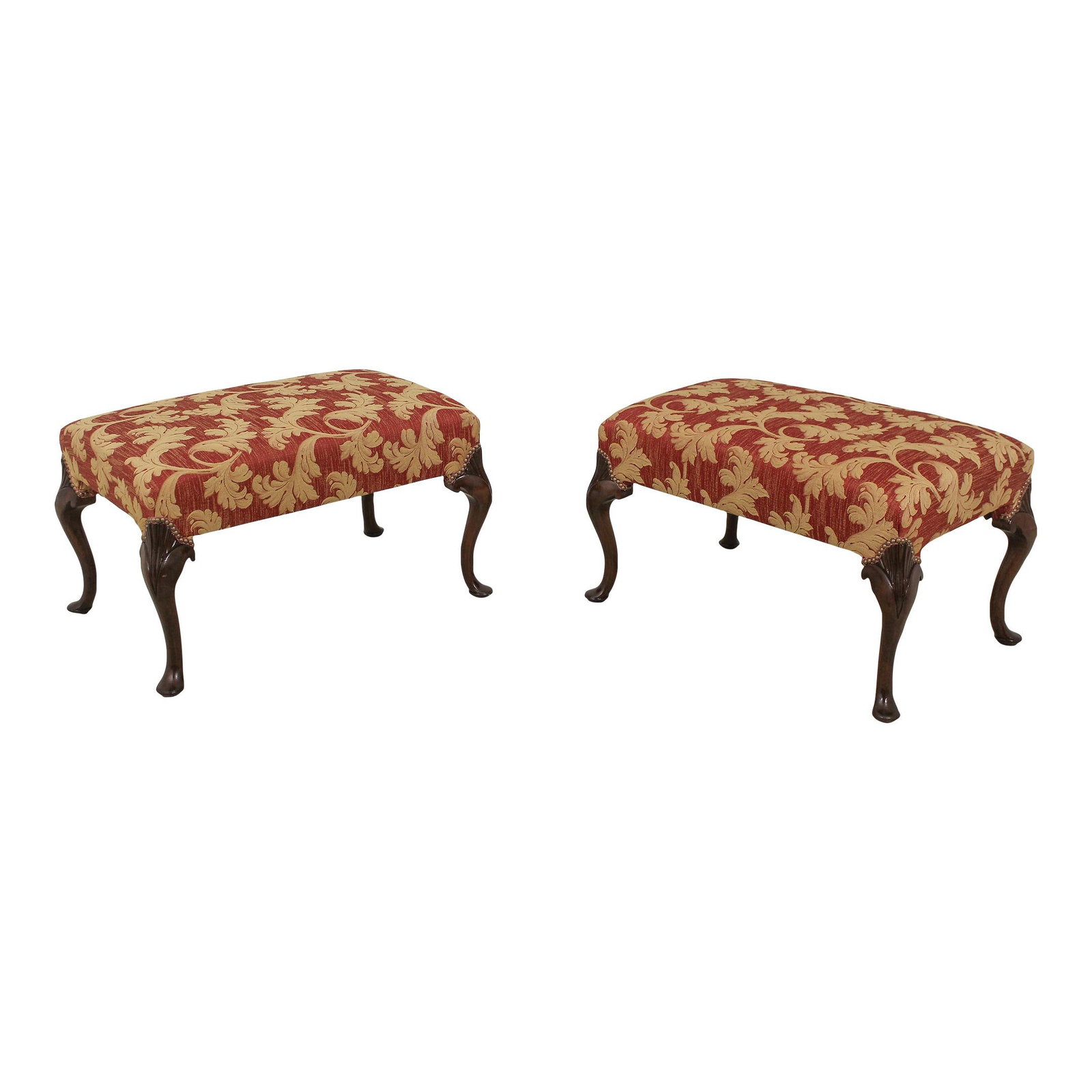 Elegant Pair of Vintage Damask Oversized Ottomans with Queen Anne Legs: Elegant Pair of Vintage Damask Oversized Ottomans with Queen Anne Legs Transform your living space with this elegant pair of oversized ottomans, featuring vintage frames that are approximately 50 year