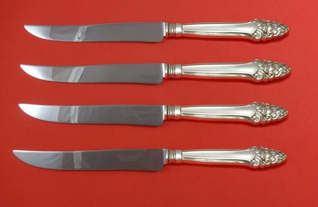 Gorham Sovereign Old Sterling Silver Steak Knife Set 4pc Texas Size: Gorham Sovereign Old Sterling Silver Steak Knife Set 4pc Texas Size Elevate your dining experience with this exquisite 4-piece steak knife set from the Sovereign Old pattern by Gorham. Crafted from pr