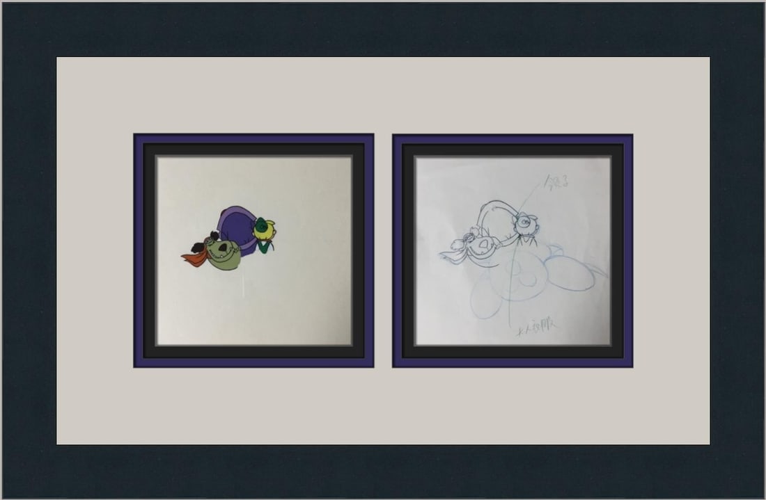 Hanna-Barbera Dick Dastardly Muttley Elroy Jetson Framed Animation Cel 1980: Hanna-Barbera Dick Dastardly Muttley Elroy Jetson Framed Animation Cel 1980 This stunning hand-painted animation production cel features beloved characters Dick Dastardly, Muttley, and Elroy Jetson fr