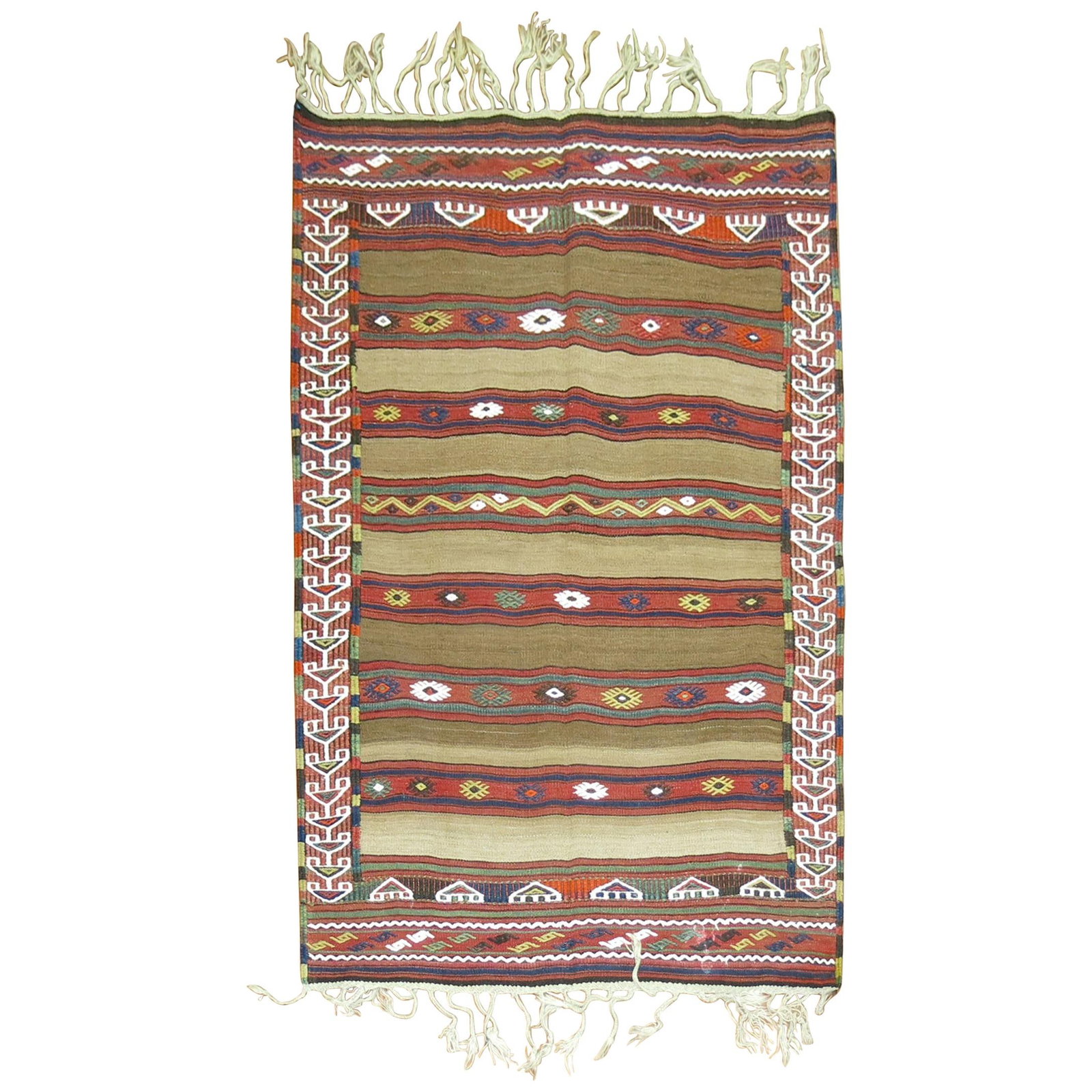 Mid Century Turkish Wool Hand Woven Tribal Kilim Rug: Mid Century Turkish Wool Hand Woven Tribal Kilim Rug This vintage Turkish tribal Kilim rug is a hand-woven flat-weave piece from the mid-20th century. Crafted from wool, it features a distinctive came