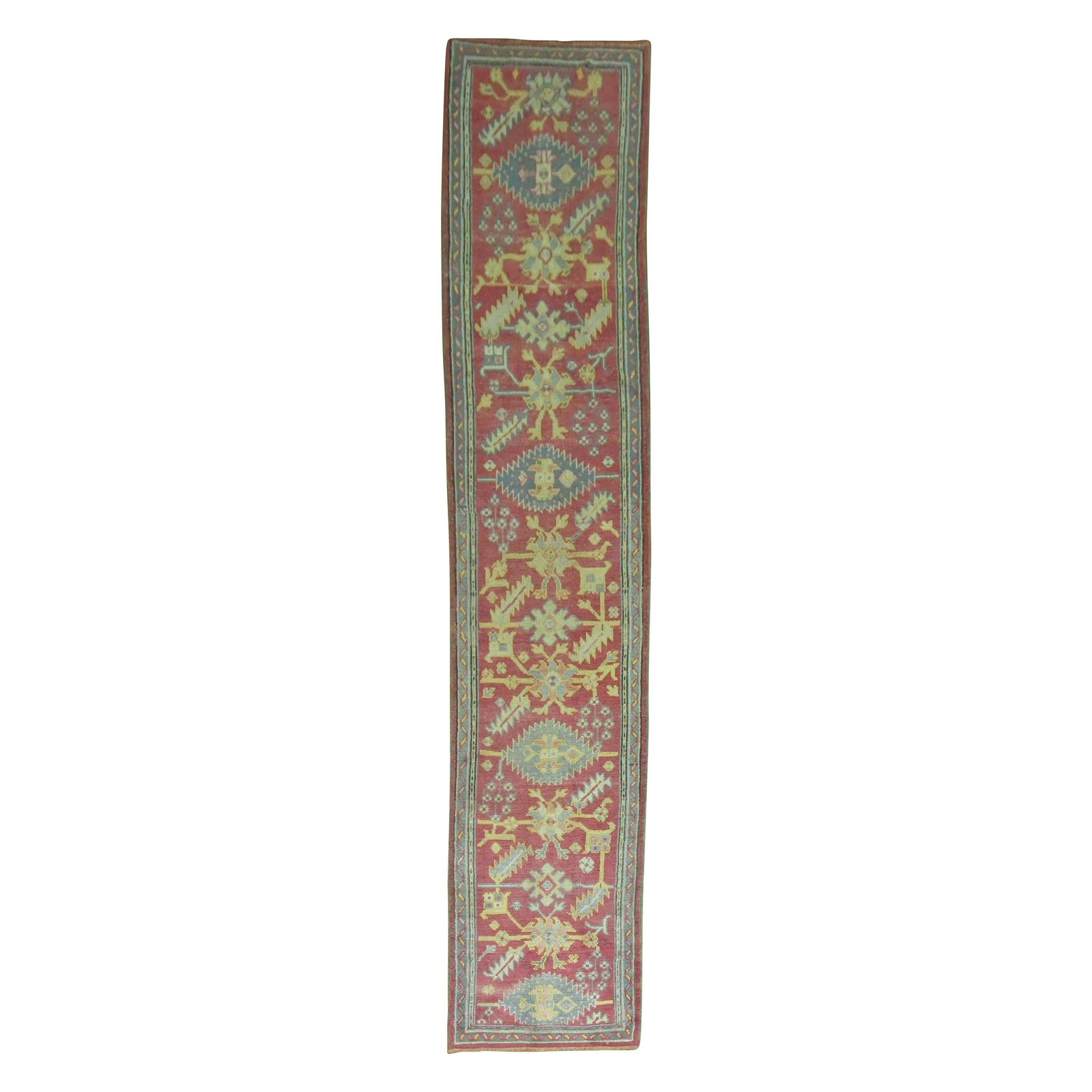 Gustavian Wool Oushak Runner 2'5'' x 13'6'' Turkish Medallions: Gustavian Wool Oushak Runner 2'5'' x 13'6'' Turkish Medallions Enhance your space with this captivating Narrow Dark Antique Red Oushak Runner, a true embodiment of 20th-century craftsmanship. This exq