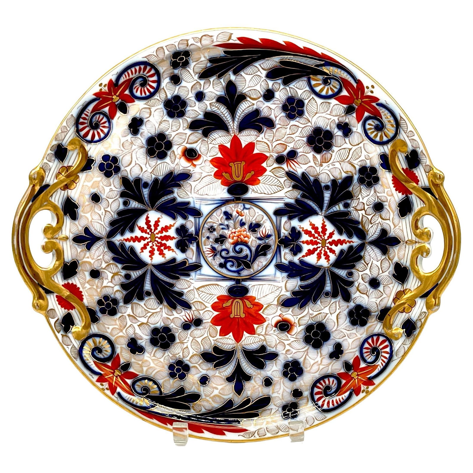 Fischer & Mieg Imari Porcelain Round Platter with Gilt Handles: Fischer & Mieg Imari Porcelain Round Platter with Gilt Handles This exquisite round handled platter showcases the renowned 'Imari' pattern by Fischer & Mieg Pirkenhammer, a hallmark of late 19th-centu