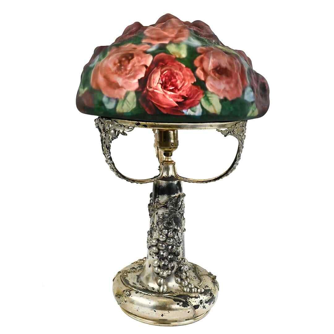 Art Nouveau Pairpoint Puffy Rose Bouquet Glass Lamp with Grape Base (1 of 7)