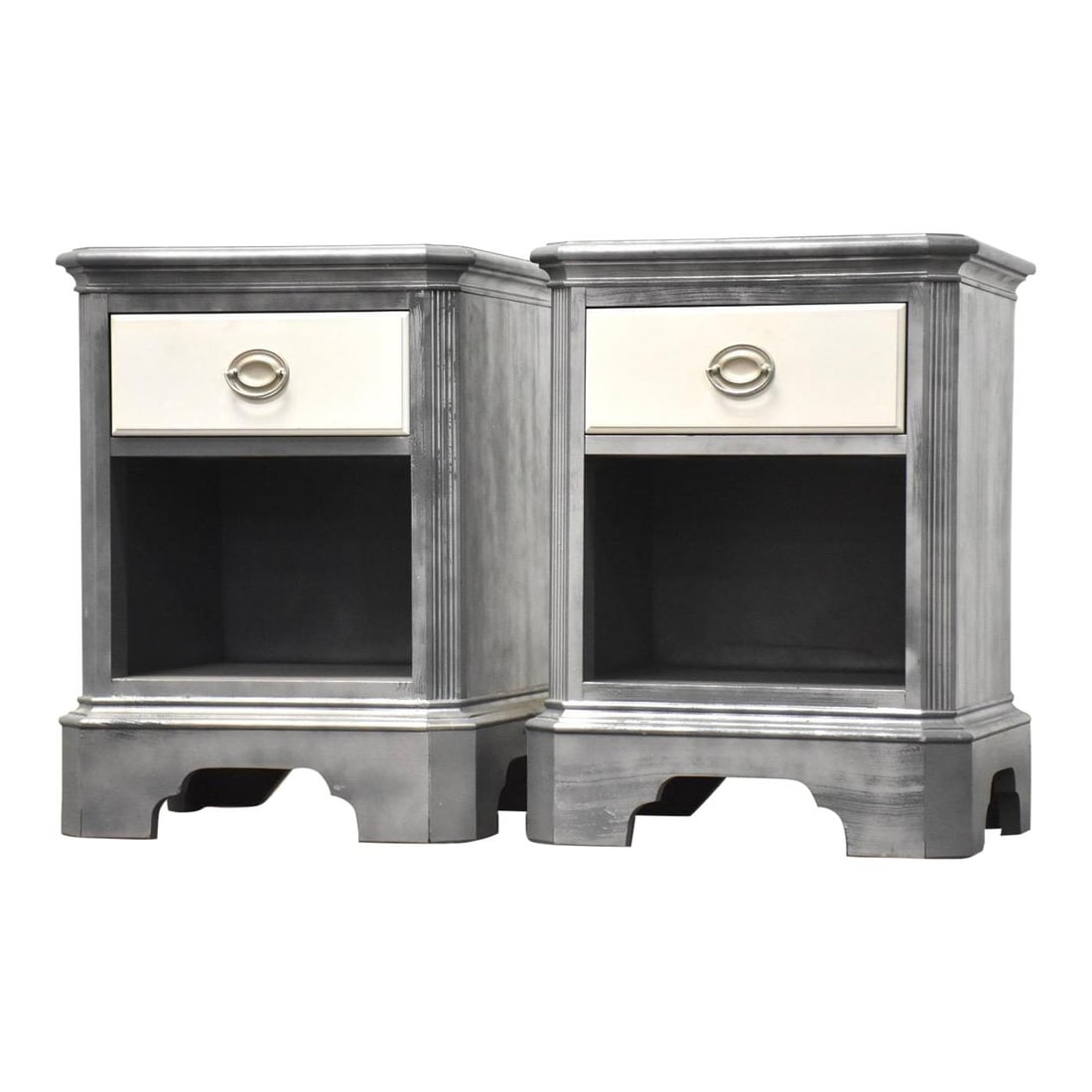 Drexel Furniture Pair of Grey Blue Nightstands with White Drawers: Drexel Furniture Pair of Grey Blue Nightstands with White Drawers Enhance your bedroom decor with this stylish pair of nightstands featuring a chic grey/blue finish complemented by crisp white drawers