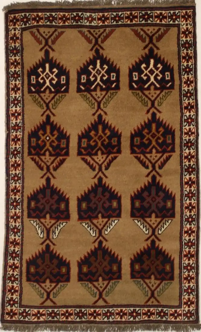 Hand-Knotted Geometric Tribal Rug 4x7 ft Khaki Wool Modern Style: Hand-Knotted Geometric Tribal Rug 4x7 ft Khaki Wool Modern Style Enhance your living space with this exquisite hand-knotted Oriental rug featuring a striking tribal geometric design. This unique carpe