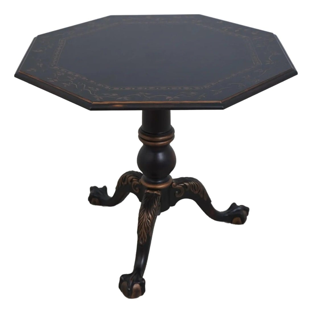 Elegant Black Octagonal Lamp Table with Distressed Feet: Elegant Black Octagonal Lamp Table with Distressed Feet This charming octagonal lamp table showcases a stunning black paint decorated finish, complemented by factory distressed ball and claw feet. Wit