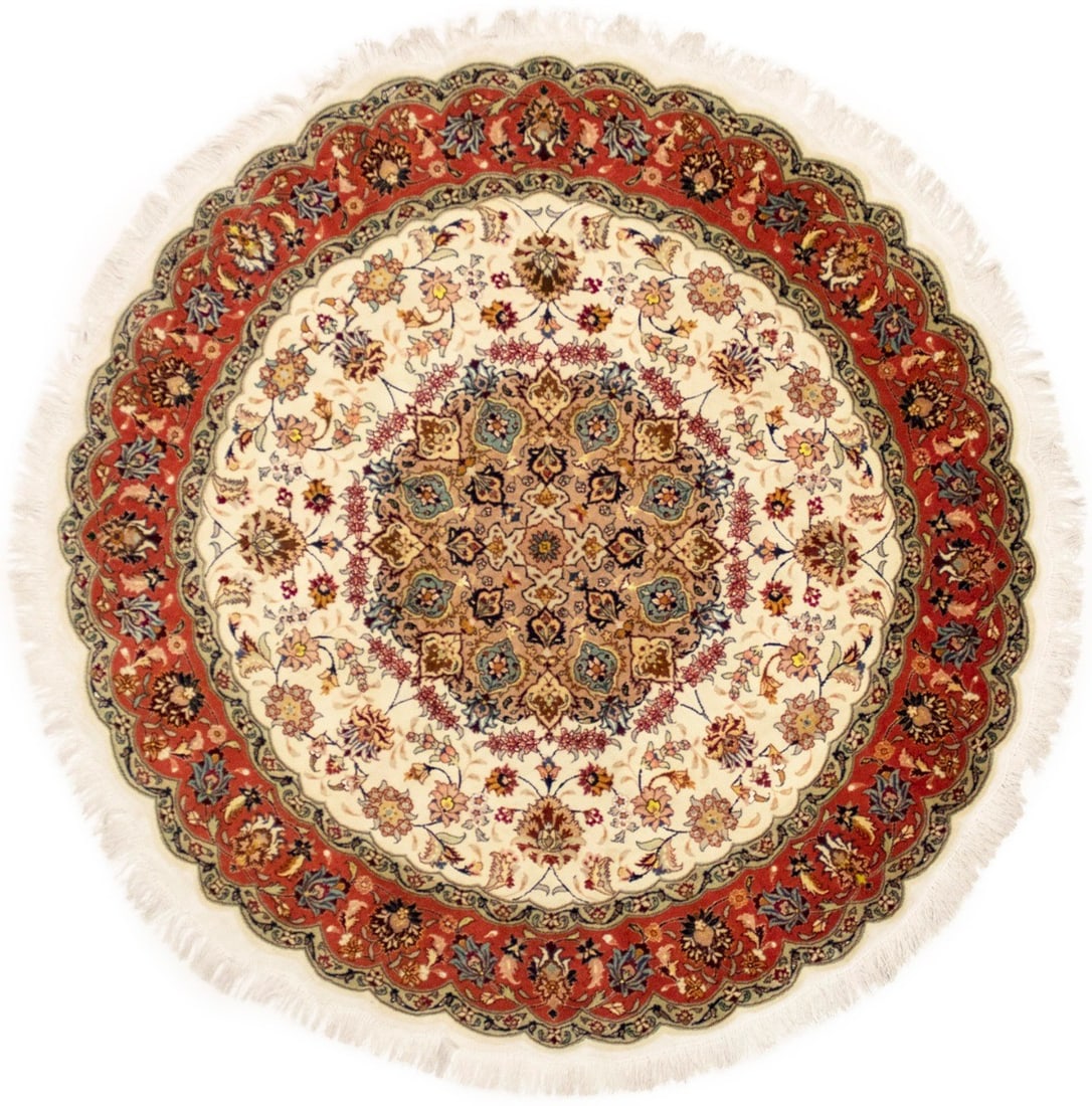 Round 5'5 Modern Floral Area Rug Hand-Knotted Kork Wool and Silk: Round 5'5 Modern Floral Area Rug Hand-Knotted Kork Wool and Silk This extra fine round area rug features a hand-knotted construction using high-quality Kork wool and silk, offering a luxurious texture