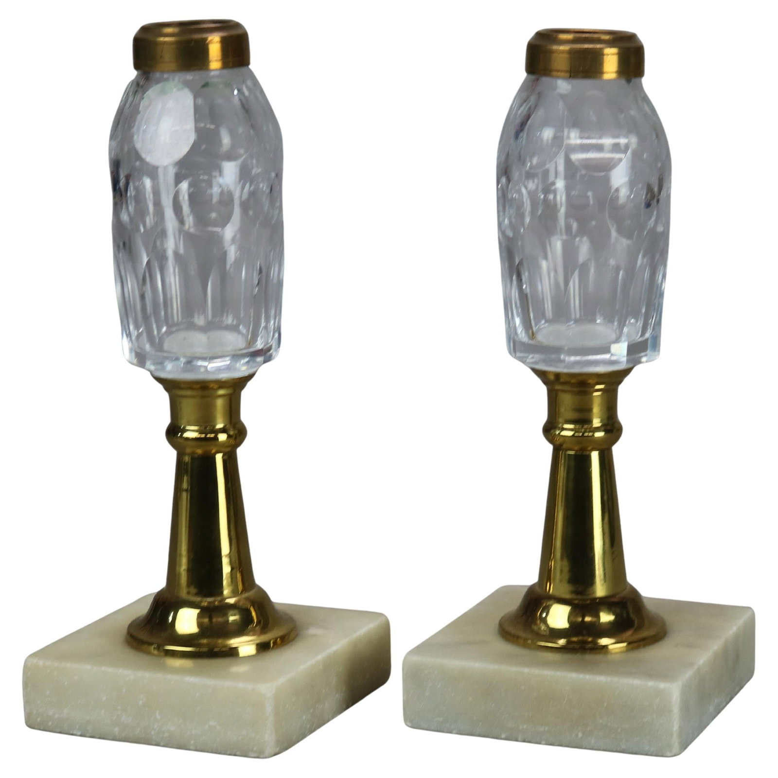 Set of 2 Late 19th Century Brass Cut Glass Marble Kerosene Lamps: Set of 2 Late 19th Century Brass Cut Glass Marble Kerosene Lamps This pair of antique kerosene lamps from circa 1880 features a combination of brass, cut glass, and marble. Each lamp showcases late 19