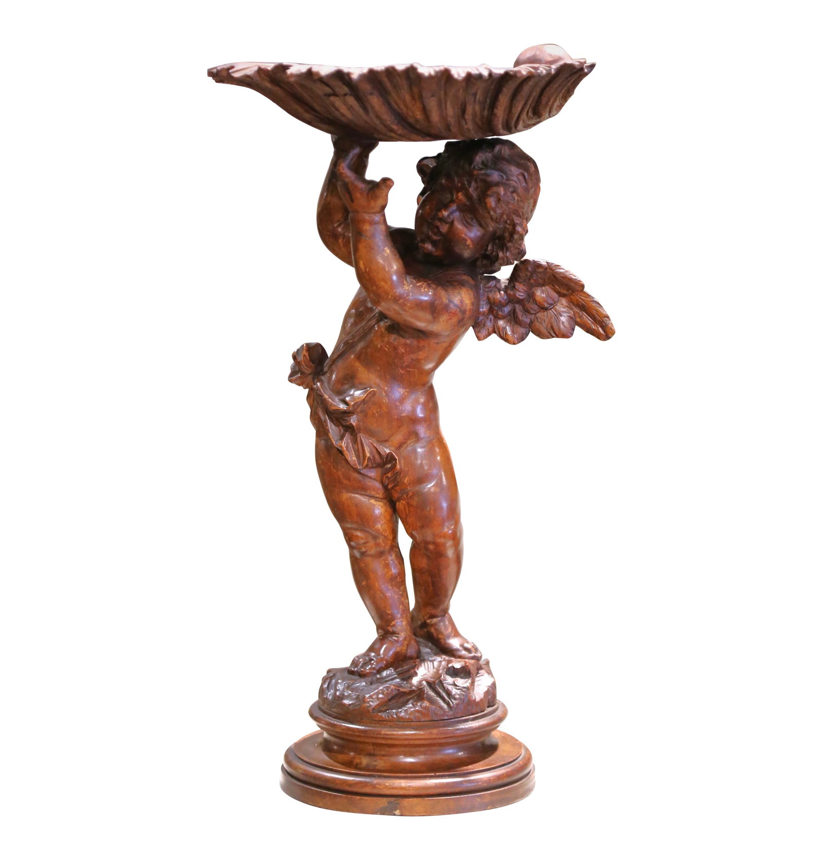 Neoclassical Walnut Cherub Figural Compote Circa 1870 Italy: Neoclassical Walnut Cherub Figural Compote Circa 1870 Italy This mid-19th century Italian compote or tazza is expertly hand-carved from solid walnut in the neoclassical style. Crafted circa 1870, it f