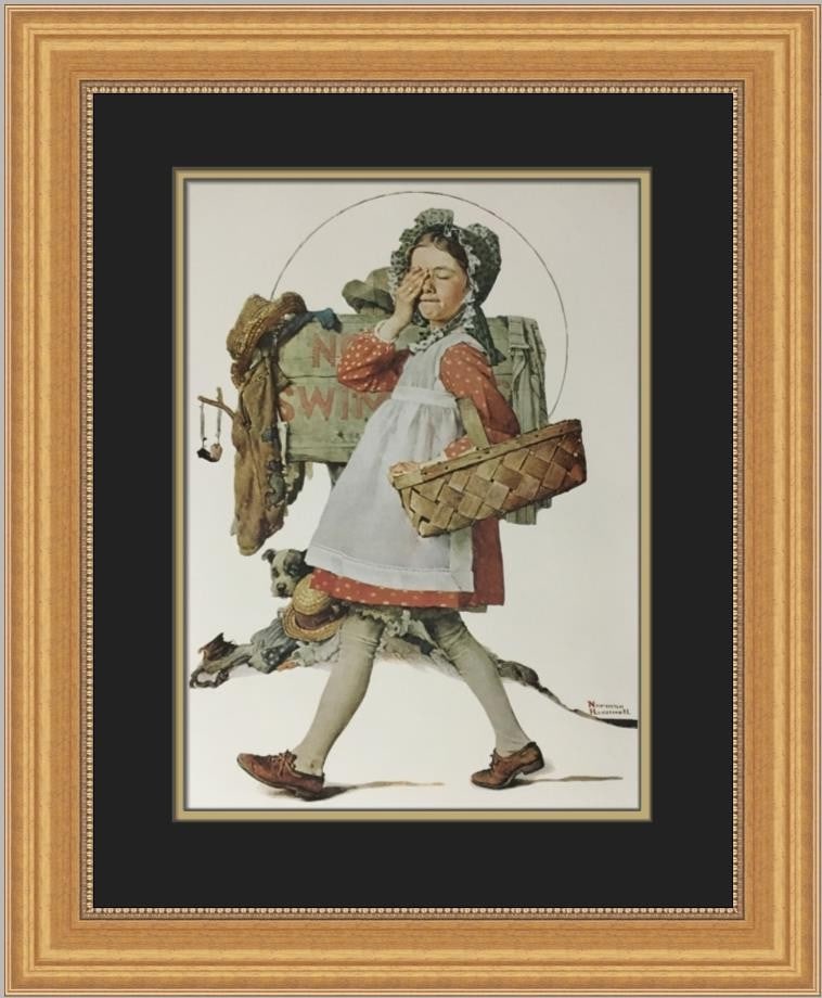 Norman Rockwell No Swimming Custom Framed Art Print 1975: Norman Rockwell No Swimming Custom Framed Art Print 1975 This exquisite custom framed print titled "No Swimming" by renowned artist Norman Rockwell captures a classic Americana theme. Created in 1975,