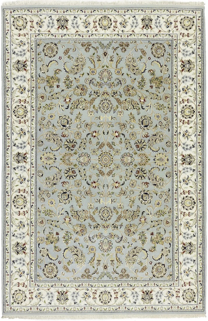 Handmade Indo-Nain Floral Rug 5'11 x 8'1 Wool Silk Area Rug: Handmade Indo-Nain Floral Rug 5'11 x 8'1 Wool Silk Area Rug Enhance your living space with this exquisite handmade Indo-Nain Oriental rug, featuring an allover floral design. Perfect for a dining room
