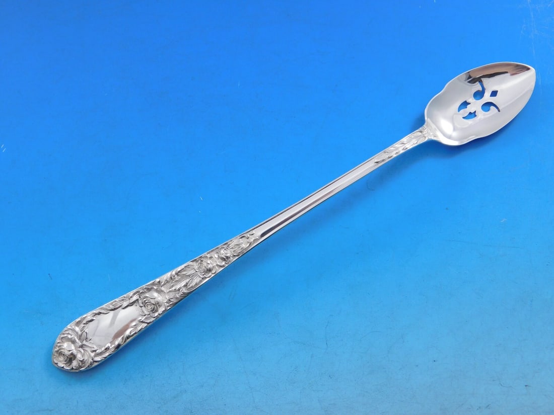 Kirk Rose Sterling Silver Long Olive Spoon 7.5 Inch Custom Made: Kirk Rose Sterling Silver Long Olive Spoon 7.5 Inch Custom Made This exquisite olive spoon features the elegant "Rose" pattern by Kirk, crafted from high-quality sterling silver. Measuring 7 1/2 inche