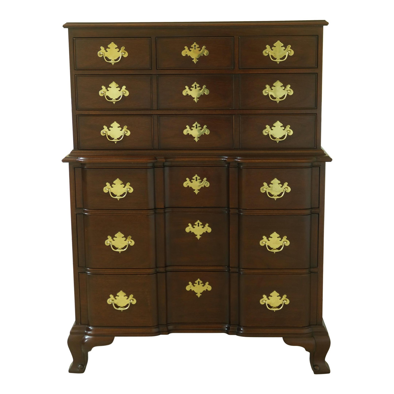 Kindel Oxford Mahogany Block Front High Chest Chippendale Style: Kindel Oxford Mahogany Block Front High Chest Chippendale Style This Kindel Oxford High Chest features a classic Chippendale design with a rich reddish mahogany finish. Crafted with high-quality dovet