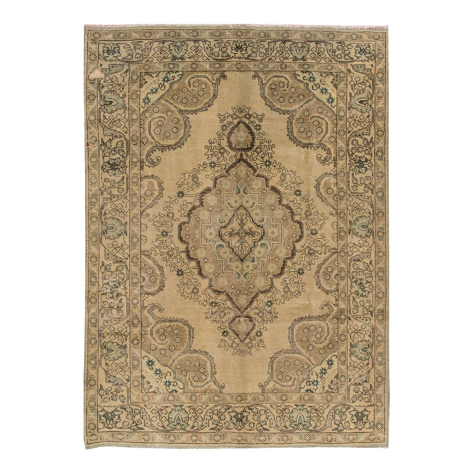 Vintage Persian Tabriz Wool Rug 6'7 x 9'3 Floral Medallion Beige: Vintage Persian Tabriz Wool Rug 6'7 x 9'3 Floral Medallion Beige This exquisite vintage Persian Tabriz rug showcases a hand-knotted wool construction with a stunning beige field. The design features a