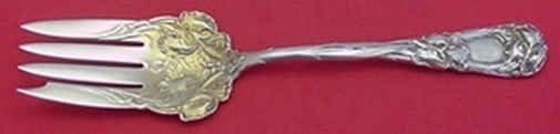 Durgin New Art Sterling Silver Serving Fork Gold Washed Iris 8 1/2: Durgin New Art Sterling Silver Serving Fork Gold Washed Iris 8 1/2 This is a Durgin New Art sterling silver cold meat fork in the Art Nouveau style, featuring an irises floral design throughout the ha