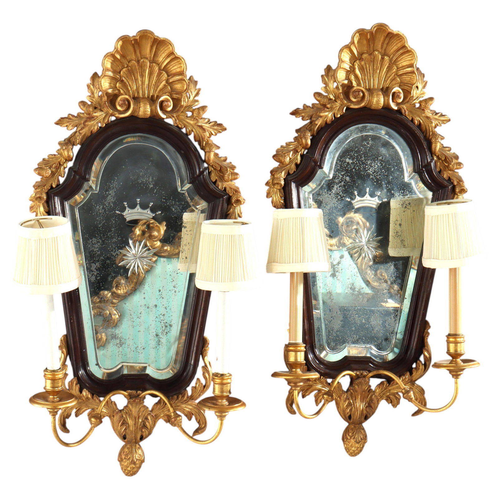 Set of 2 English Mahogany Giltwood Mirrored Wall Sconces 2-Light c1840 (1 of 8)