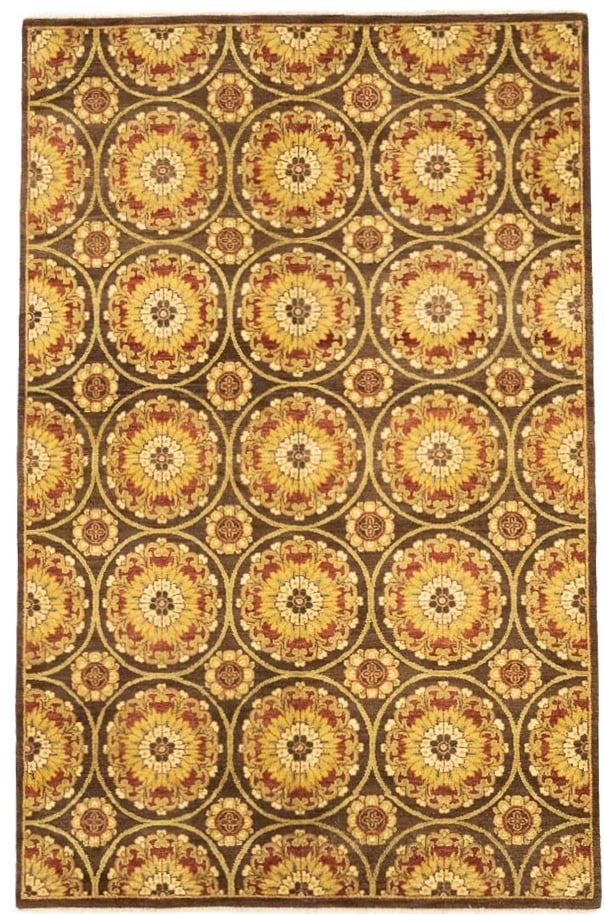 Hand-Knotted Wool Area Rug Floral Pattern 5'6 x 8'6 Modern Khotan Style: Hand-Knotted Wool Area Rug Floral Pattern 5'6 x 8'6 Modern Khotan Style This handmade Khotan rug features a floral Oushak design with a blend of golden yellow, brown, rust red, and ivory tones. Expert