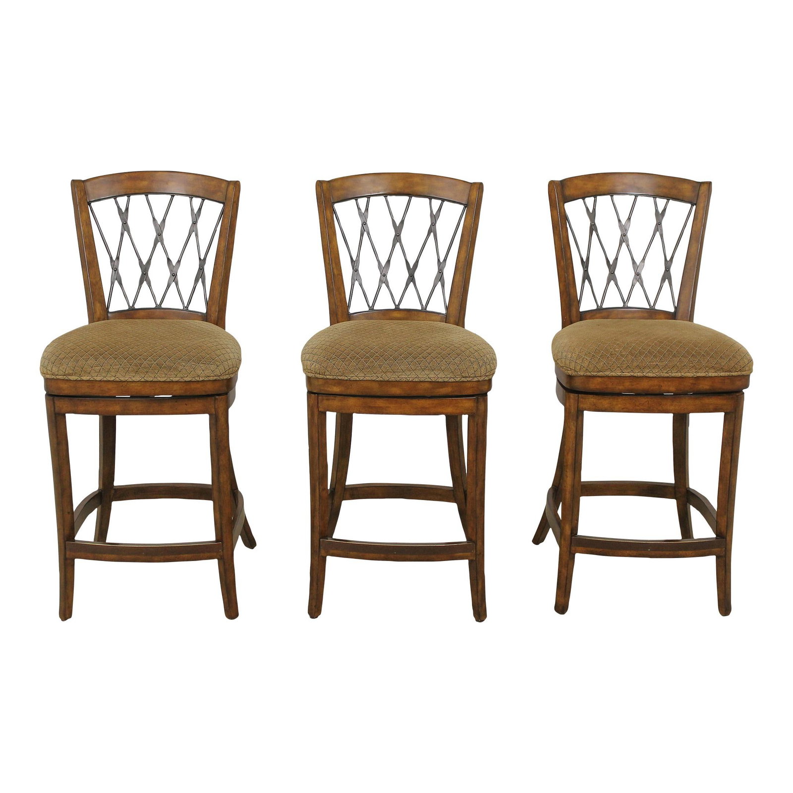 Set of 3 Elegant Swivel Seat Bar Chairs Wood Metal Brown: Set of 3 Elegant Swivel Seat Bar Chairs Wood Metal Brown Enhance your dining or bar area with this stylish set of three swivel seat bar or counter chairs. Crafted approximately 10 years ago, these cha