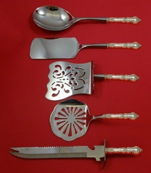 Wallace Meadow Rose Sterling Silver 5pc Brunch Serving Set Custom Made: Wallace Meadow Rose Sterling Silver 5pc Brunch Serving Set Custom Made Elevate your brunch gatherings with this exquisite 5-piece Meadow Rose serving set by Wallace. Crafted from sterling silver with 