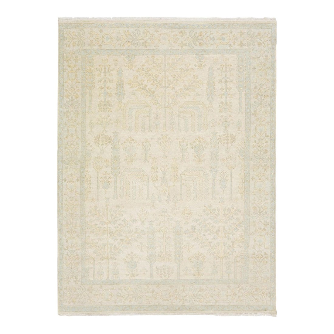 9x12 Hand Knotted Wool Rug Modern Oushak Style Ivory Sage: 9x12 Hand Knotted Wool Rug Modern Oushak Style Ivory Sage Modern Oushak style hand-knotted wool area rug featuring a Tree of Life design and classic palmette and vine borders. The rug is presented in 