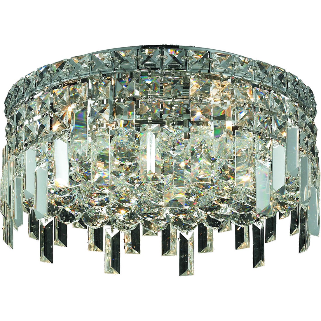 Chrome 5 Light Royal Cut Crystal Flush Mount 16 Inch: Chrome 5 Light Royal Cut Crystal Flush Mount 16 Inch This modern flush mount chandelier features a polished chrome finish and is adorned with Royal Cut clear crystal accents for a contemporary and ele