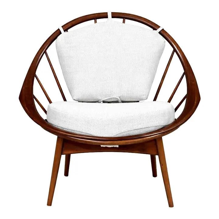 Walnut Hoop Chair by Ib Kofod Larsen for Selig Mid Century Danish Reupholstered: Walnut Hoop Chair by Ib Kofod Larsen for Selig Mid Century Danish Reupholstered This mid-century modern hoop chair, designed by Ib Kofod Larsen for Selig, features a walnut frame and has been professi