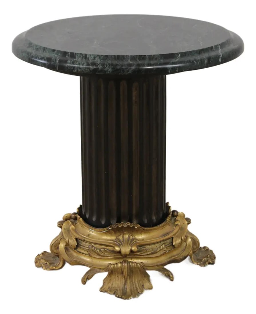Louis XVI Style Bronze Pedestal Table with Marble Top: Louis XVI Style Bronze Pedestal Table with Marble Top This vintage pedestal table is crafted in the Louis XVI style and features a finely carved gilt metal base with solid brass hardware. The table is