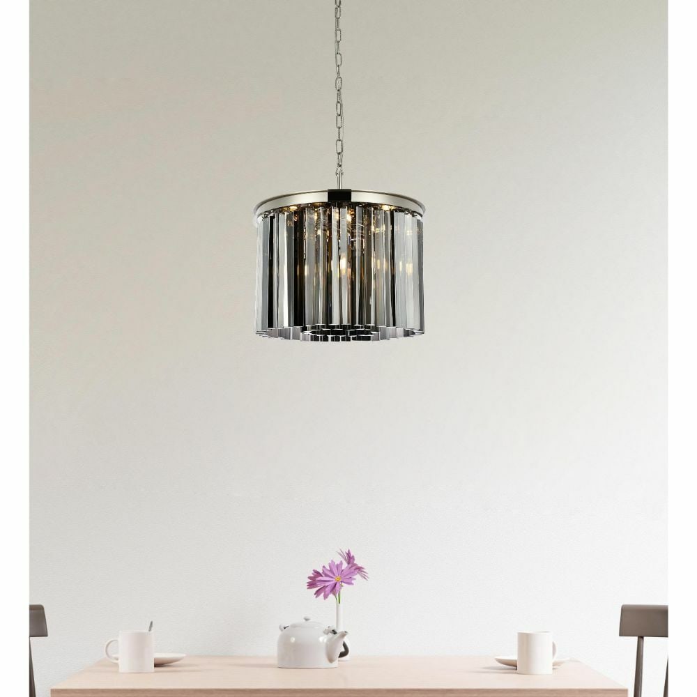 Sydney 6 Light Crystal Chandelier Polished Nickel 20 in: Sydney 6 Light Crystal Chandelier Polished Nickel 20 in Modern 6-light crystal chandelier with a polished nickel finish and silver shade crystals. It is hardwired, height-adjustable, and designed for 