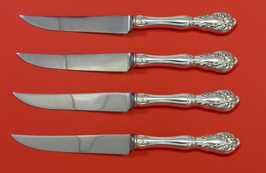 Alvin Chateau Rose Sterling Silver Steak Knife Set 4pc 8.5": Alvin Chateau Rose Sterling Silver Steak Knife Set 4pc 8.5" Enhance your dining experience with the Chateau Rose by Alvin Sterling Silver Steak Knife Set. This exquisite 4-piece set features elegant h