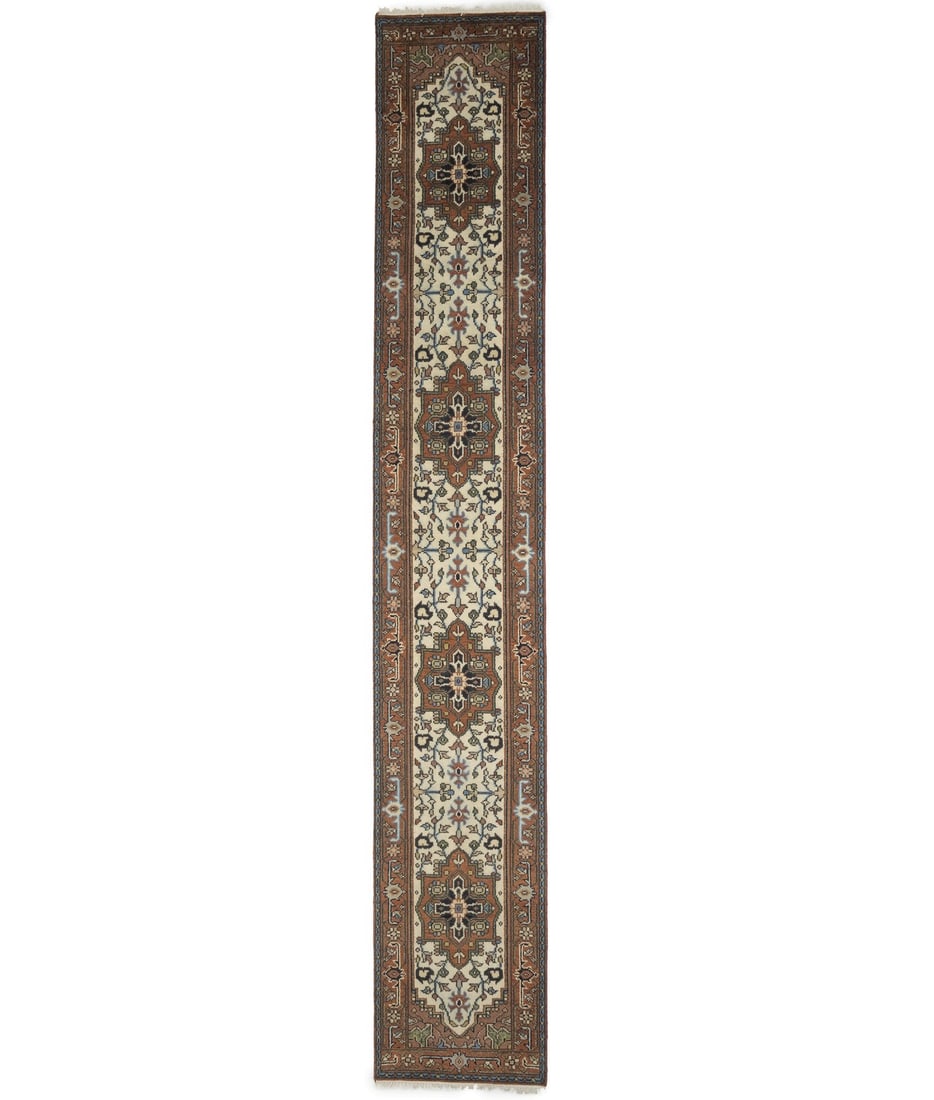 Hand Knotted Wool Heriz Floral Runner 2'7 x 15'11: Hand Knotted Wool Heriz Floral Runner 2'7 x 15'11 Transform your space with this stunning oversized Heriz Serapi floral runner rug, hand-knotted from India. Measuring 2'7" x 15'11" (approximately 3 x 