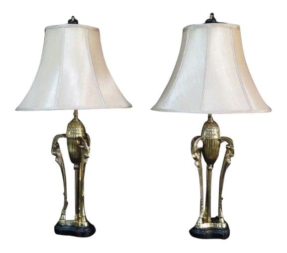 Elegant Pair of Ram Heads Brass Lamps with Fabric Shades: Elegant Pair of Ram Heads Brass Lamps with Fabric Shades This exquisite pair of Ram Heads Brass Lamps features elegant fabric shades and a classic brass base. Approximately 10 years old, these lamps a