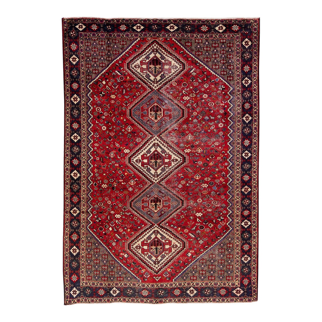 1960s Persian Shiraz Handmade Red Medallion Wool Rug 6'8 x 9'10: 1960s Persian Shiraz Handmade Red Medallion Wool Rug 6'8 x 9'10 This exquisite vintage Persian Shiraz rug showcases a stunning hand-knotted design, featuring a vibrant red color field complemented by 