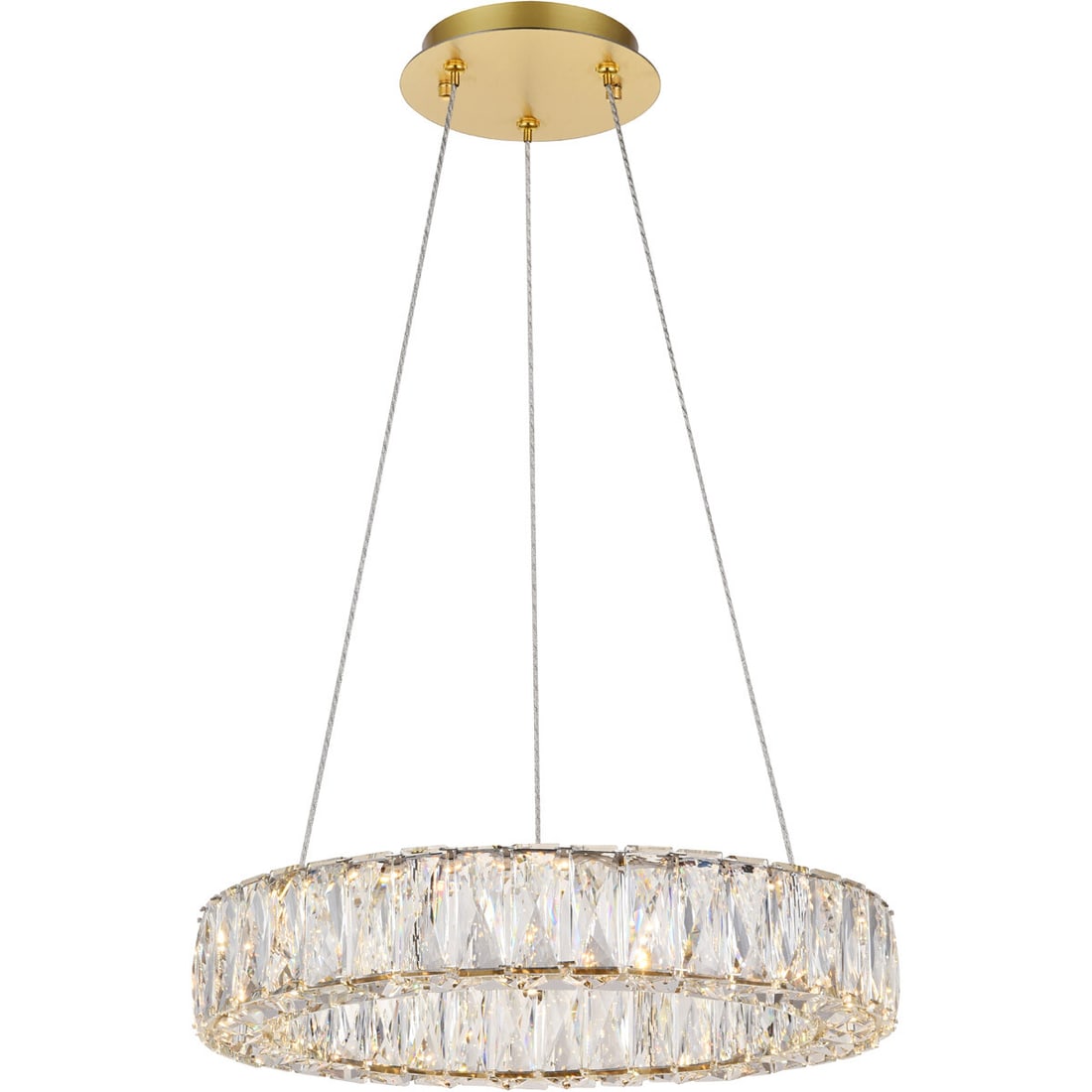 MONROE LED Crystal Pendant Light Gold Finish 17.7 in: MONROE LED Crystal Pendant Light Gold Finish 17.7 in Modern LED crystal chandelier pendant light fixture in a gold finish with clear Royal Cut crystals. It is hardwired and designed for indoor use, wi