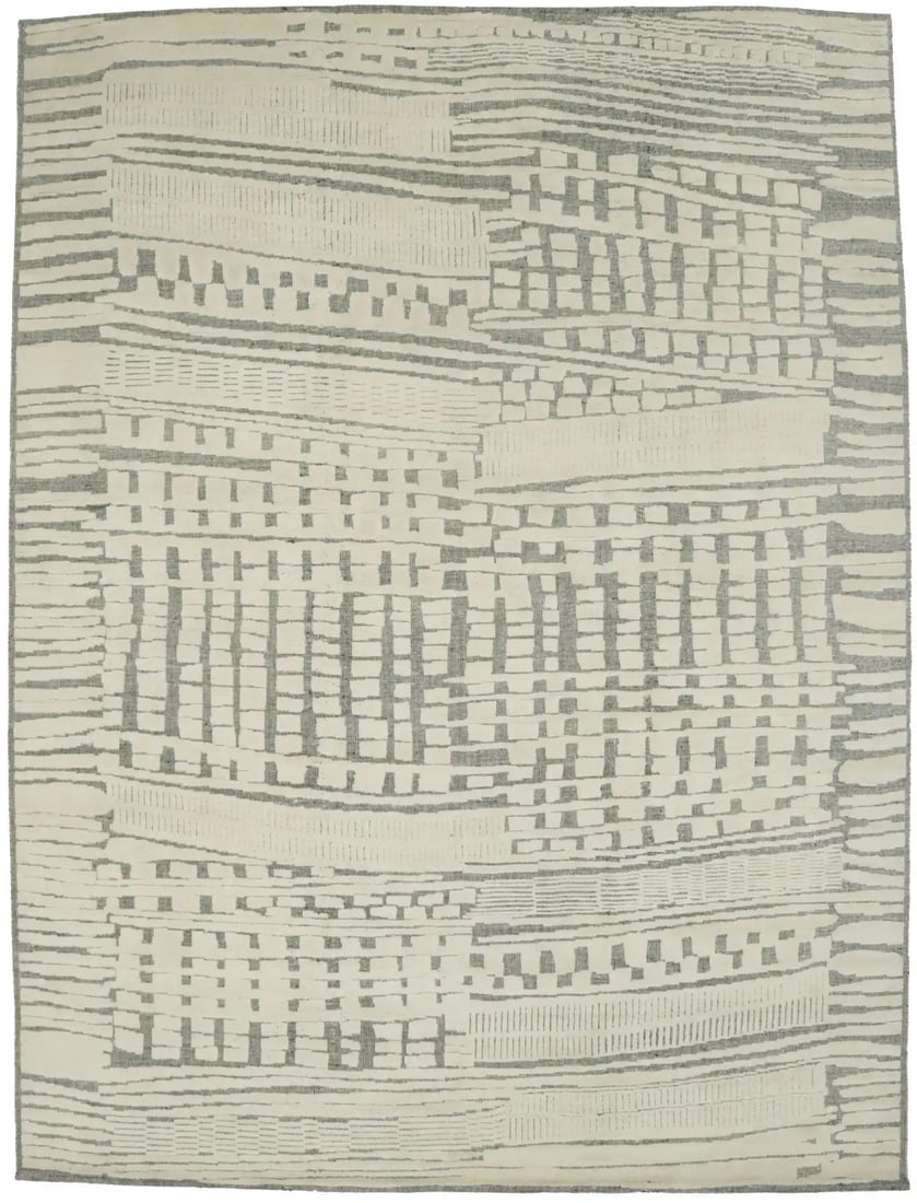 Modern Abstract Wool Area Rug 9x12 Hand-Knotted High Low Relief: Modern Abstract Wool Area Rug 9x12 Hand-Knotted High Low Relief This hand-knotted modern abstract design area rug features a high-low relief pattern in cream and gray tones. Made from wool, the rug is