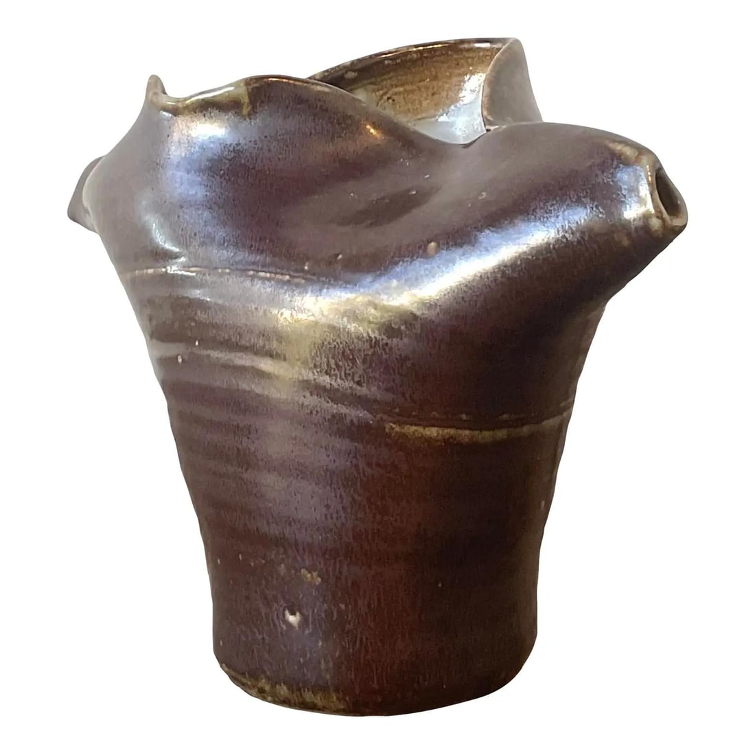 1970s stoneware biomorphic vase with folded rim: 1970s stoneware biomorphic vase with folded rim This vintage studio pottery vase from the 1970s showcases a striking biomorphic design with an asymmetric, folded rim. Expertly hand-crafted from heavy 