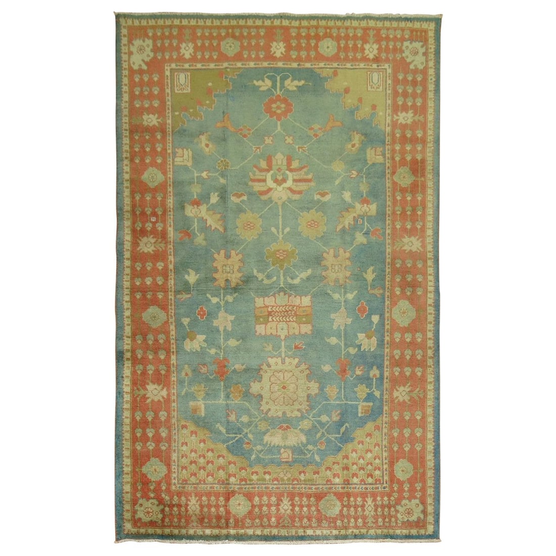 Antique Turkish Oushak Rug Green Orange Hand-Woven 50 x 76: Antique Turkish Oushak Rug Green Orange Hand-Woven 50 x 76 Discover the exquisite beauty of this early 20th century antique Turkish Oushak rug, featuring a vibrant green field beautifully contrasted b