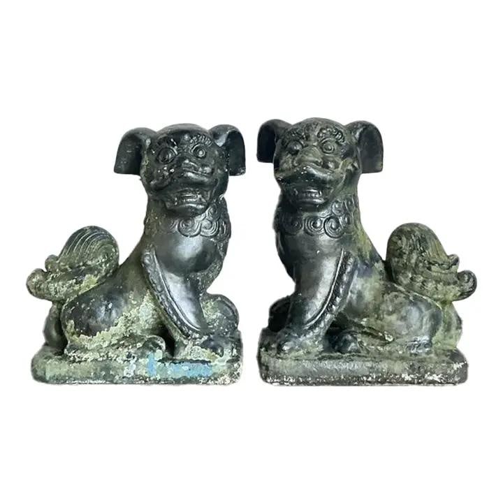 Pair of Patinated Cast Concrete Foo Dog Guardian Statues: Pair of Patinated Cast Concrete Foo Dog Guardian Statues This pair of vintage Foo Dog statues features traditional guardian lion designs, expertly crafted from heavy cast cement or stone composite. Ea