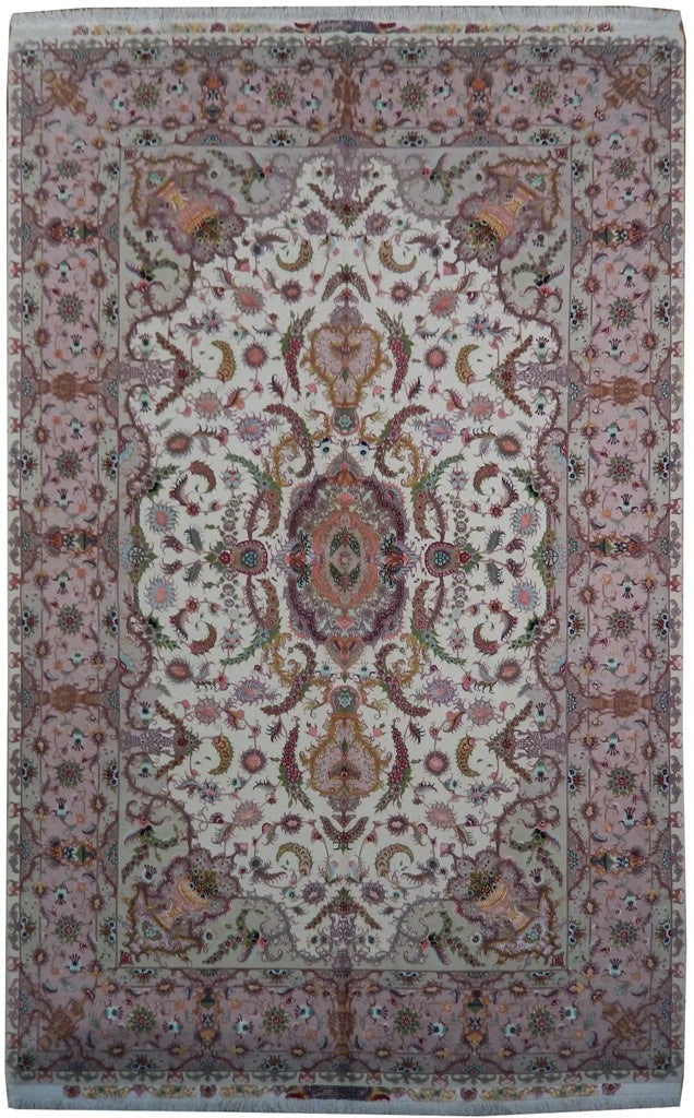 6.7 x 10.3 Persian Tabriz Rug Ivory Lavender Wool Silk 400 KPSI: 6.7 x 10.3 Persian Tabriz Rug Ivory Lavender Wool Silk 400 KPSI Free continental US Shipping This high quality Persian Tabriz rug is hand-knotted in Iran and features a refined classical Persian desig