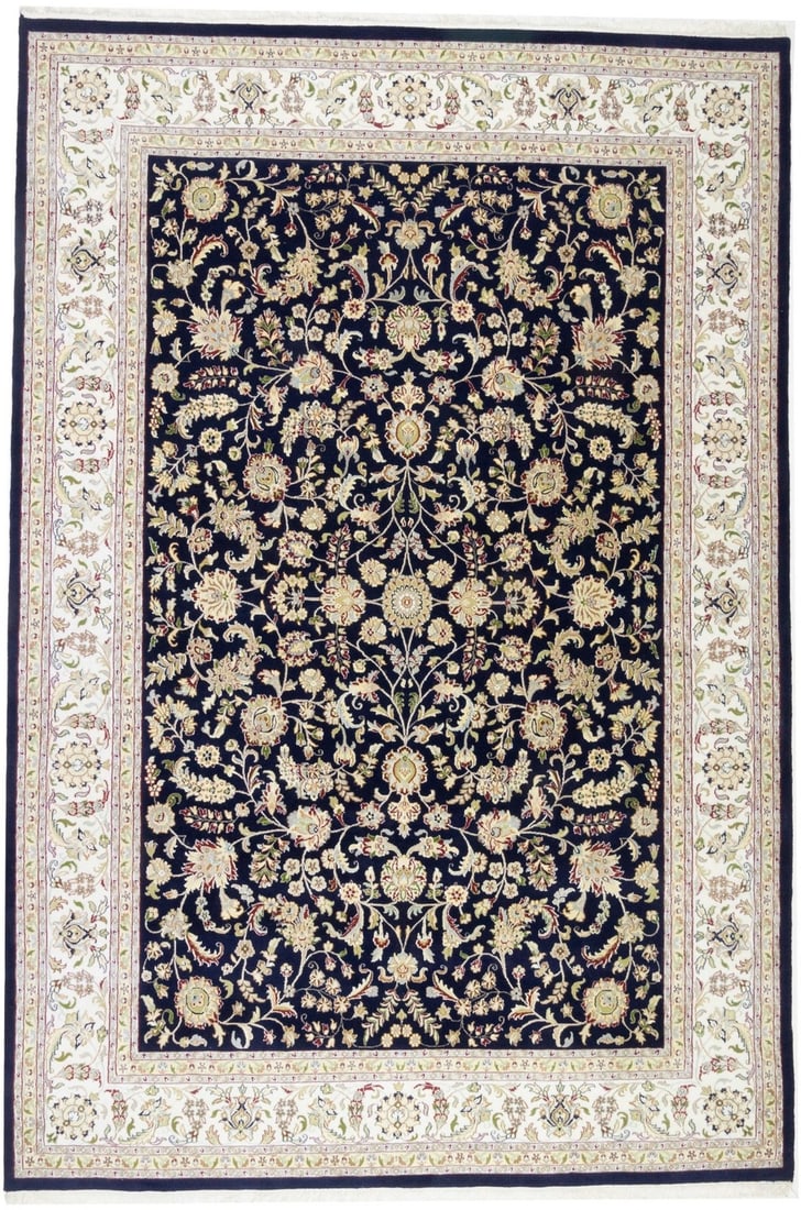 Large 9'8 x 14'3 Wool and Silk Floral Indo-Nain Hand-Knotted Area Rug: Large 9'8 x 14'3 Wool and Silk Floral Indo-Nain Hand-Knotted Area Rug This handmade Indo-Nain floral style oriental rug features a classic design with a rich color palette that includes dark navy, cre