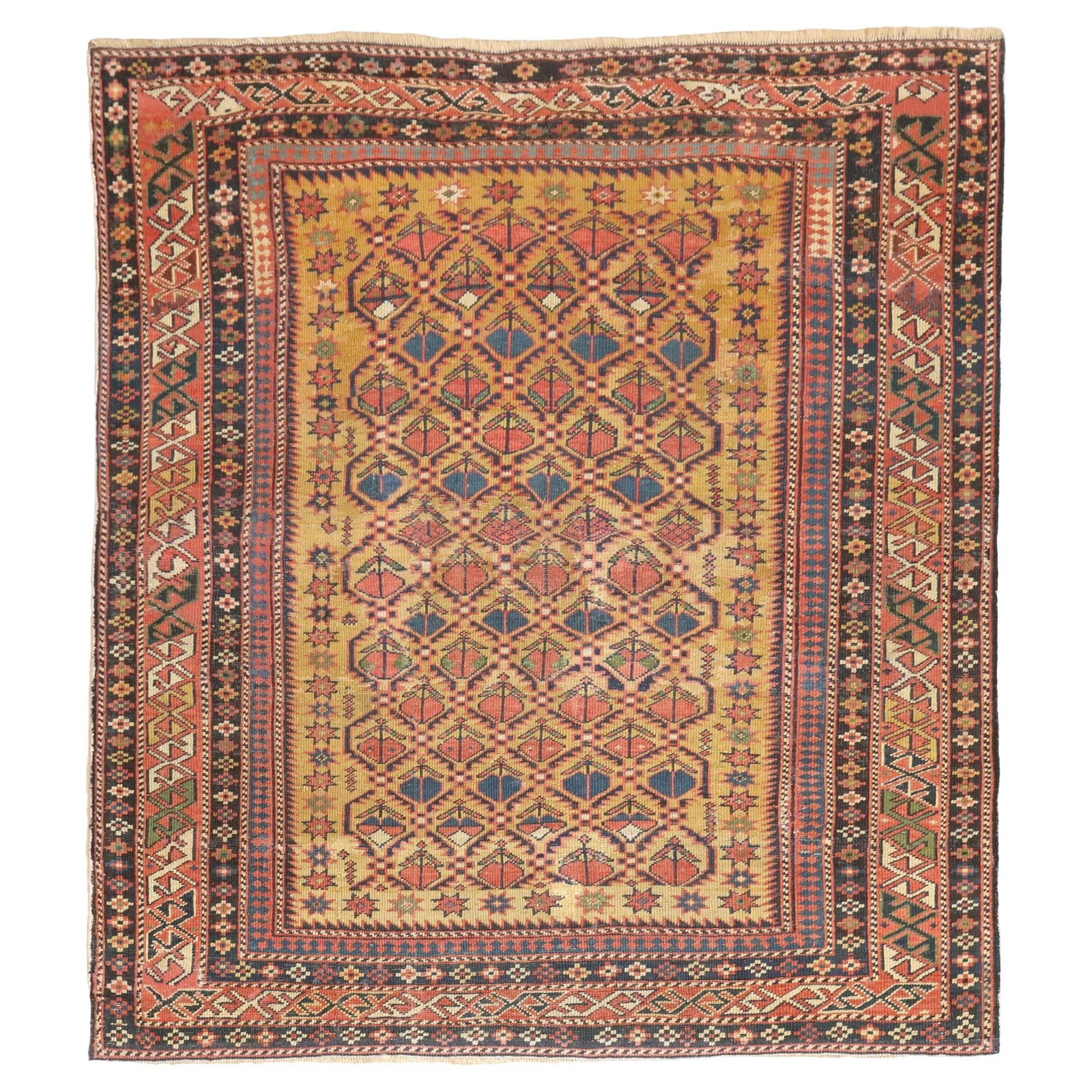 Late 19th Century Shirvan Kazak Wool Rug Mustard Square Design 45x51 in: Late 19th Century Shirvan Kazak Wool Rug Mustard Square Design 45x51 in This exquisite late 19th century Caucasian Shirvan rug showcases a striking mustard field square design characteristic of the Ka